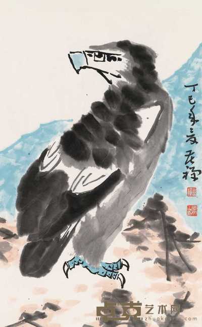 李苦禅 1977年作 鹰 立轴 68×43.5cm